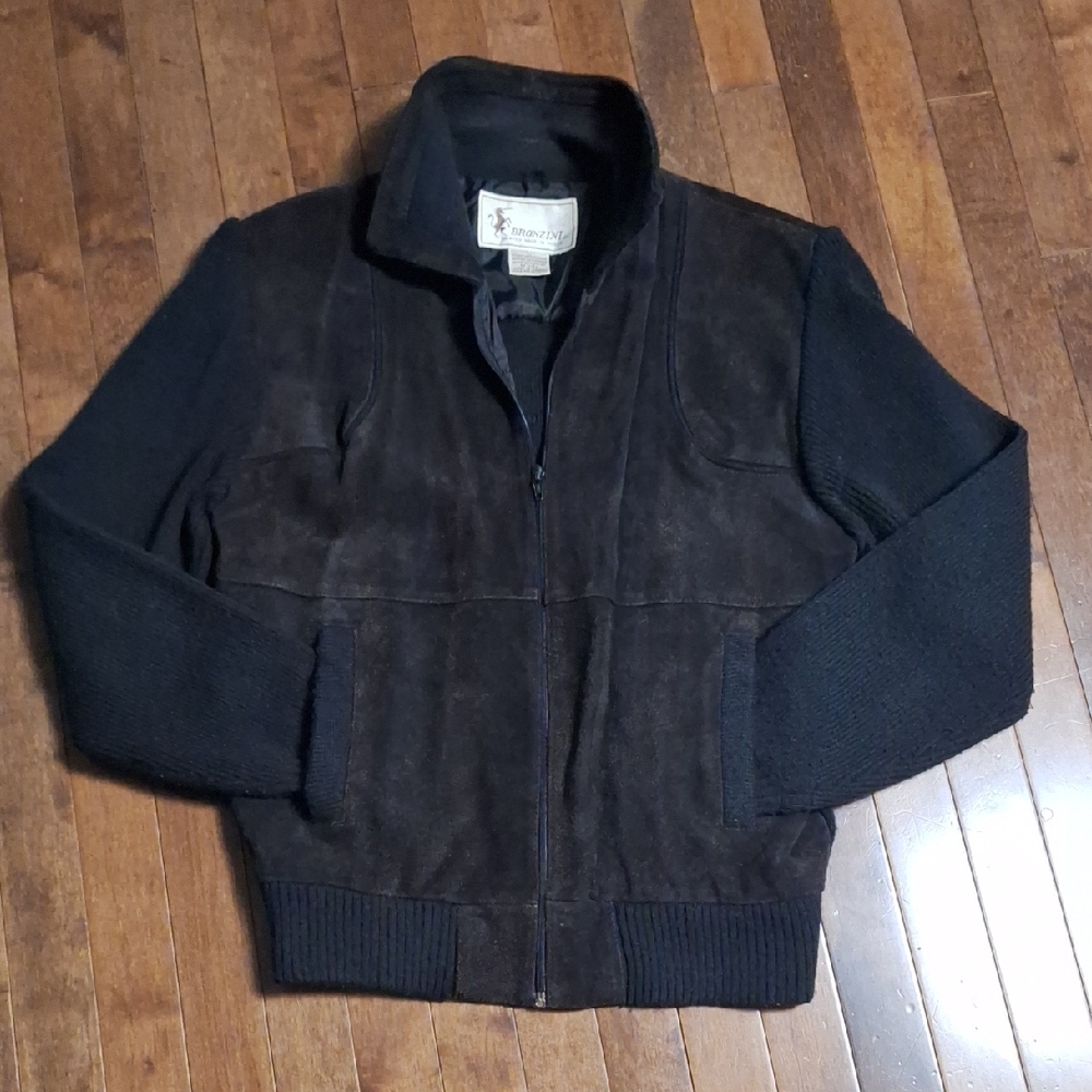 Classic VTG Black Suede Leather And Knit Zip Up Jacket with Stand-Up Collar